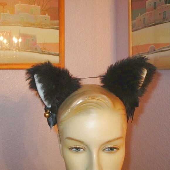 Black PLUSH Cat Ears HEADBAND Costume COSPLAY Goth KITTY Fur BELL Faux Fur - Picture 2 of 7
